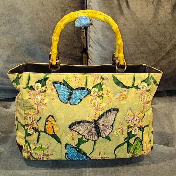 VINTAGE PARADOX BEADED BUTTERFLY FLORAL TOTE BAG WITH BAMBOO HANDLES - Picture 1 of 14